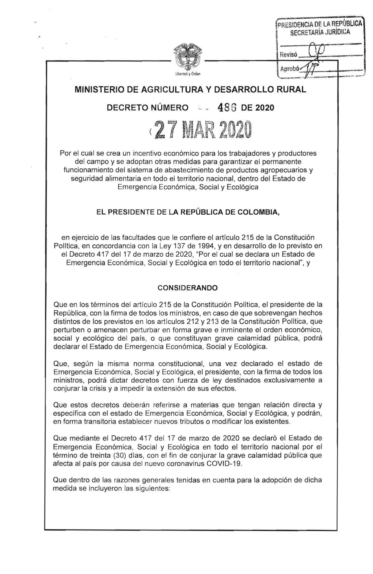 Decreto 486 del 27 de Marzo de 2020 otorga incentivos a trabajadores y productores del campo.